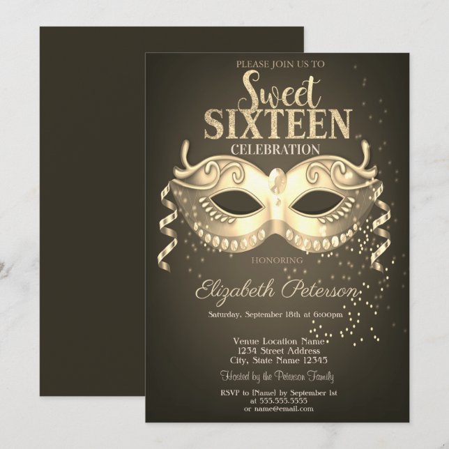 Masquerade, Masque, Confetti Sweet 16 Gold Einladung (Vorne/Hinten)