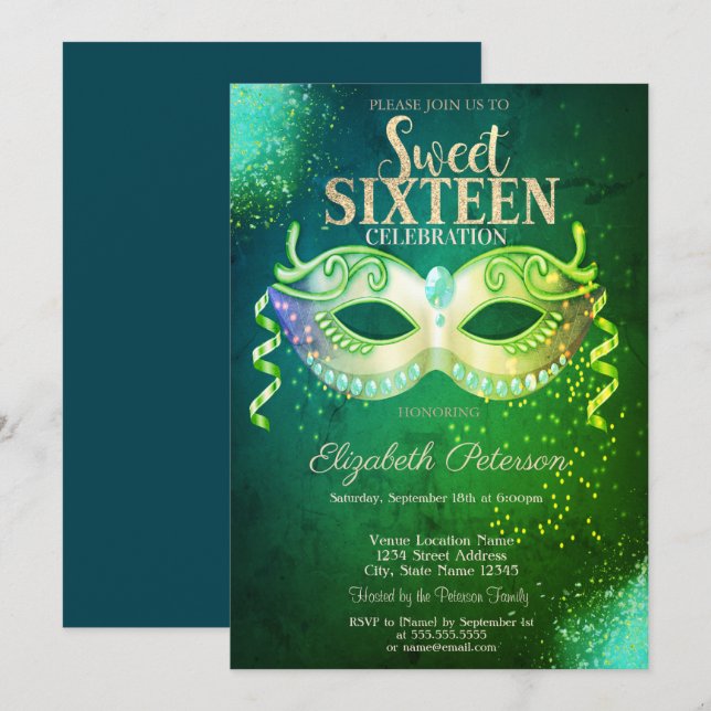 Masquerade, Masque, Grüner Sweet 16 Gold Einladung (Vorne/Hinten)