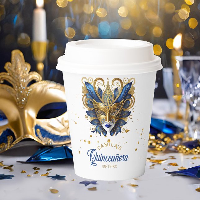 Masquerade Motif Quinceanera Blue Gold ID1031 Pappbecher (Von Creator hochgeladen)
