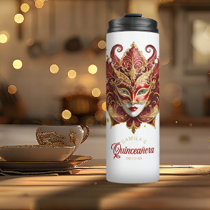 Masquerade Motif Quinceanera Red Gold ID1031 Thermosbecher