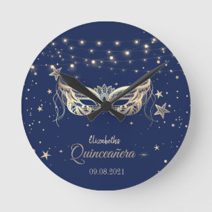 Masquerade, Navy Blue Stars Quinceañera Runde Wanduhr