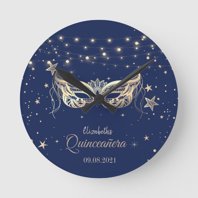 Masquerade, Navy Blue Stars Quinceañera Runde Wanduhr (Vorderseite)