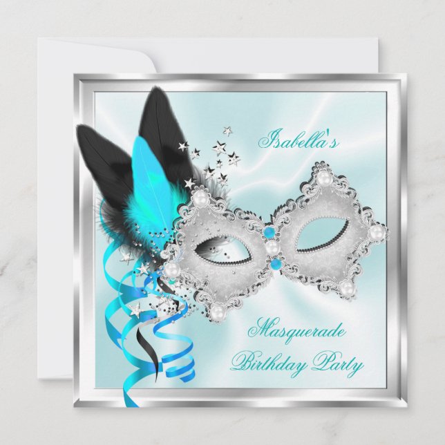 Masquerade Party Aquamarine Silberschwarze Maske Einladung (Vorderseite)