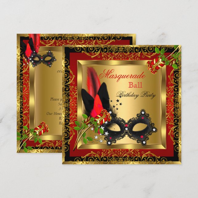 Masquerade Party Ball Gold Red Black Mask Rose Einladung (Vorne/Hinten)