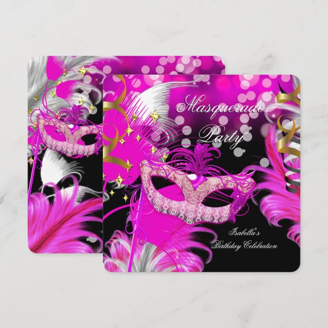 Masquerade Party Birthday Hot Pink Maske Feathers  Einladung (Vorne/Hinten)