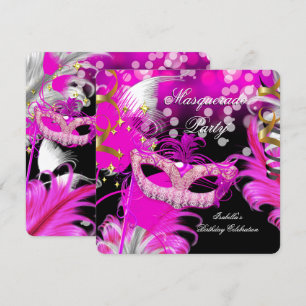Masquerade Party Birthday Hot Pink Maske Feathers  Einladung