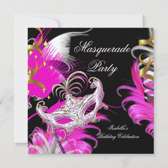 Masquerade Party Birthday Hot Pink Maske Feathers Einladung (Vorderseite)