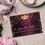 Masquerade party burgundy gold glitter sparkles save the date<br><div class="desc">A girly and trendy Save the Date card for a 50th (or any age) birthday masquerade party. A burgundy background decorated with faux gold glitter, sparkles and a masquerade mask. Personalize and add a date and name/age. The text: Save the Date is written with a large trendy hand lettered style...</div>