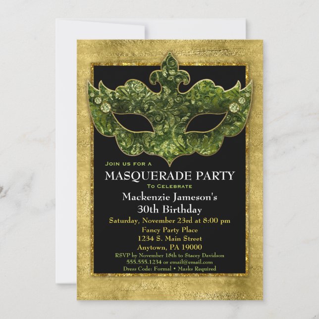 Masquerade Party Einladung Gold Green Geburtstag (Vorderseite)