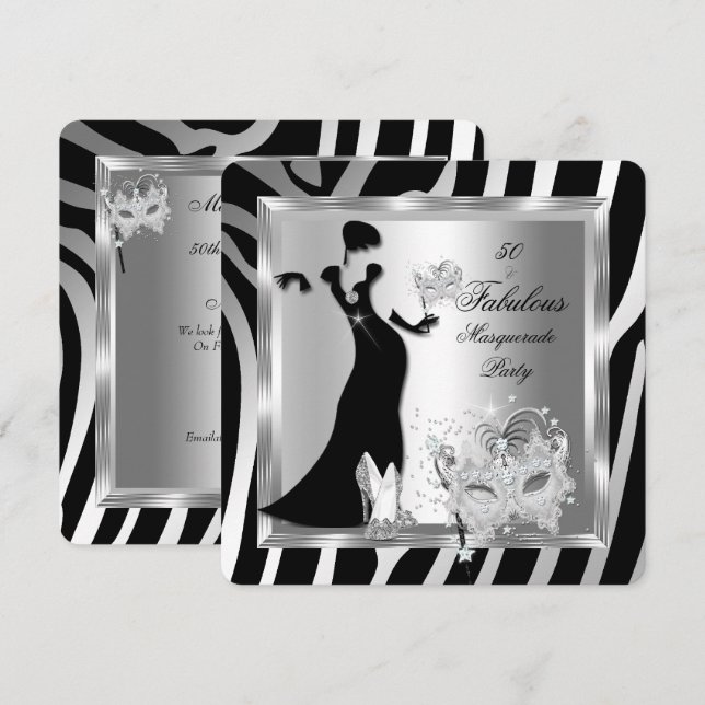 Masquerade Party Fabulous 50 Zebra Silver Black Einladung (Vorne/Hinten)