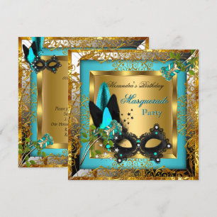 Masquerade Party Gold Aquamarin Black Mask Rose Einladung