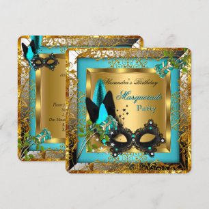 Masquerade Party Gold Aquamarin Black Mask Rose R2 Einladung