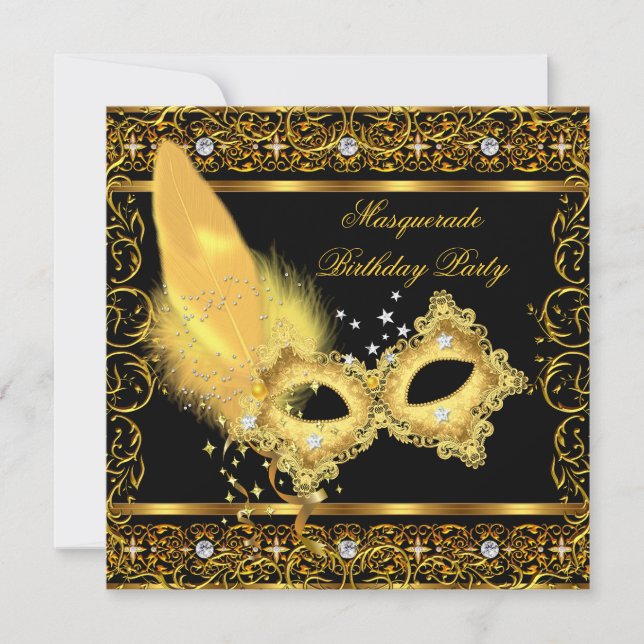 Masquerade Party Gold Schwarze Gelbe Maske 4 Einladung (Vorderseite)
