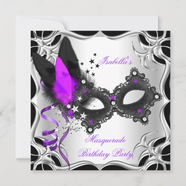 Masquerade Party Lila Silberschwarze Maske Einladung (Vorderseite)