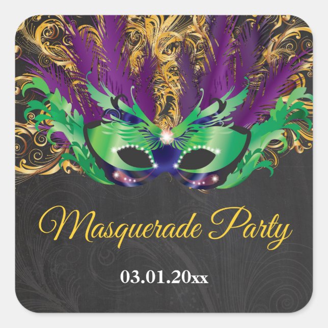 Masquerade Party Magische Nacht Grün Lila Gold Quadratischer Aufkleber (Vorderseite)