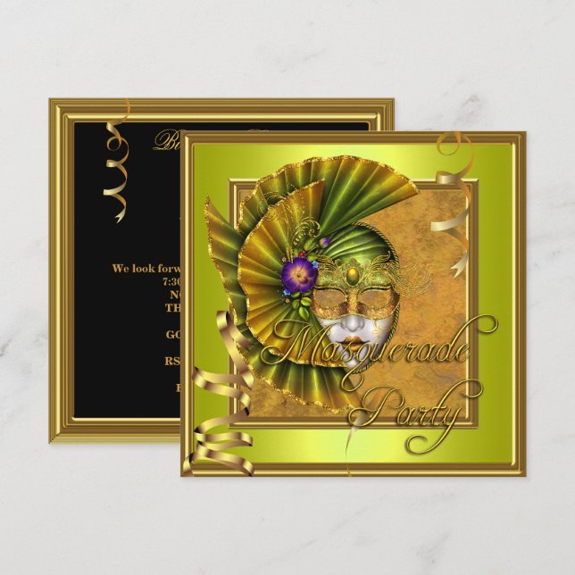 Masquerade Party Masken Gold Black Birthday Einladung (Vorne/Hinten)