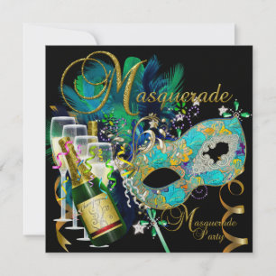 Masquerade Party Masken Schwarzes Gold Aquamarin Einladung