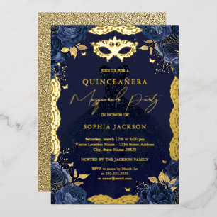 Masquerade Party Navy Blumenkleid Quinceanera Folieneinladung