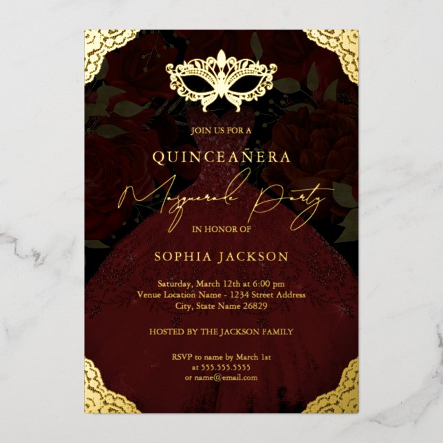 Masquerade Party Red Gold Maske Kleid Quinceanera Folieneinladung (Vorderseite)