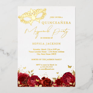 Masquerade Party Red Gold Rosen Quinceanera Folieneinladung