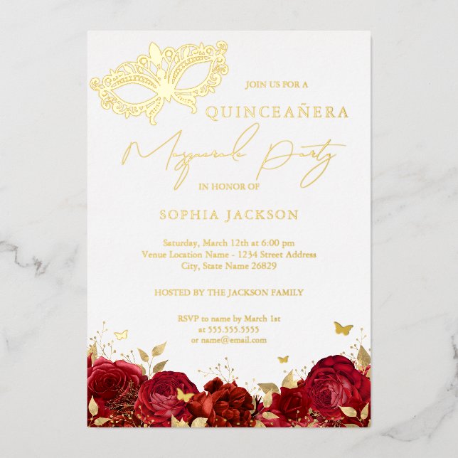 Masquerade Party Red Gold Rosen Quinceanera Folieneinladung (Vorderseite)