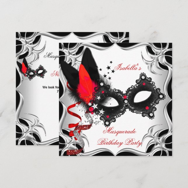 Masquerade Party Red Silver Mask Einladung (Vorne/Hinten)