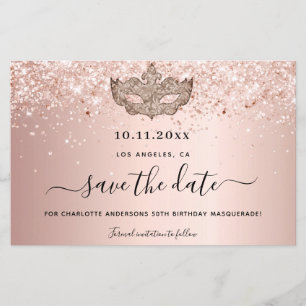 Masquerade Party Rose Gold Save the Date Karte