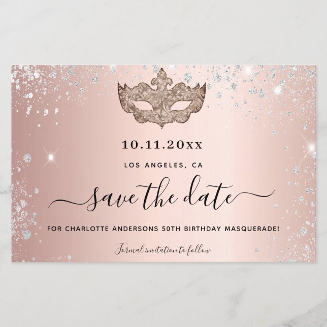 Masquerade Party Rose Gold Save the Date Karte (Vorderseite)