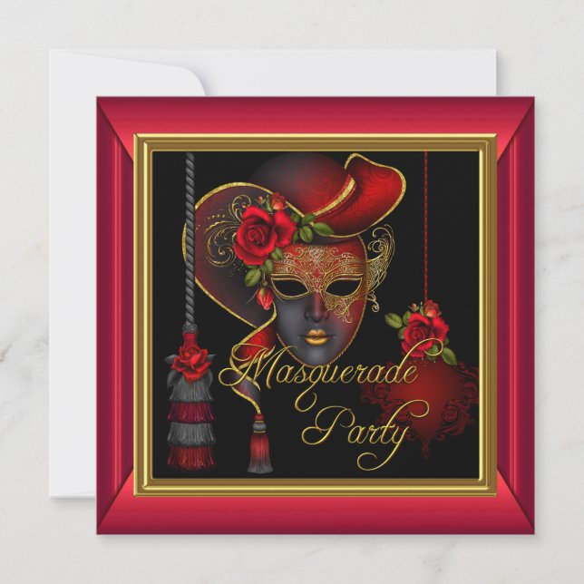 Masquerade Party Rote Masken Gold Schwarzer Geburt Einladung (Vorderseite)