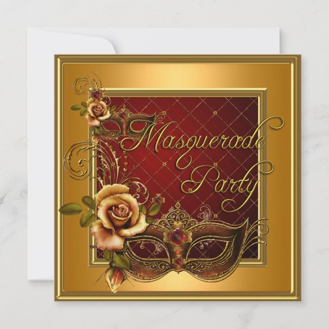 Masquerade Party Rote Masken Gold Schwarzer Geburt Einladung (Vorderseite)