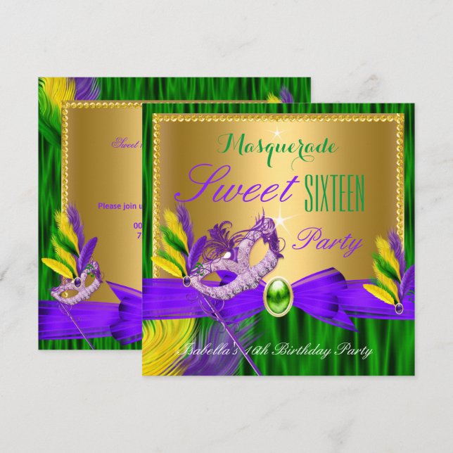 Masquerade Party Sweet 16 Lila Green Gold Einladung (Vorne/Hinten)