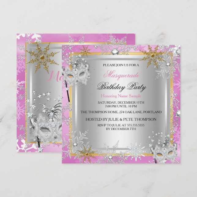Masquerade Pink Gold Schneeflocken Silber Masken Einladung (Vorne/Hinten)
