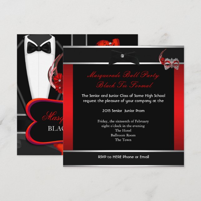 Masquerade Prom High School Tanz Red Black Einladung (Vorne/Hinten)