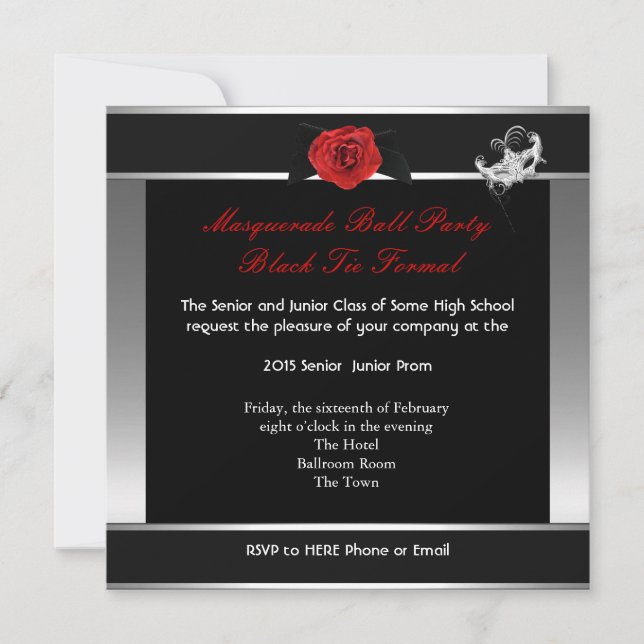 Masquerade Prom High School Tanz Silver Red Einladung (Vorderseite)