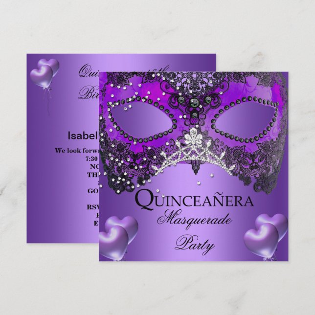 Masquerade Quinceanera 15 Lila Geburtstag Einladung (Vorne/Hinten)
