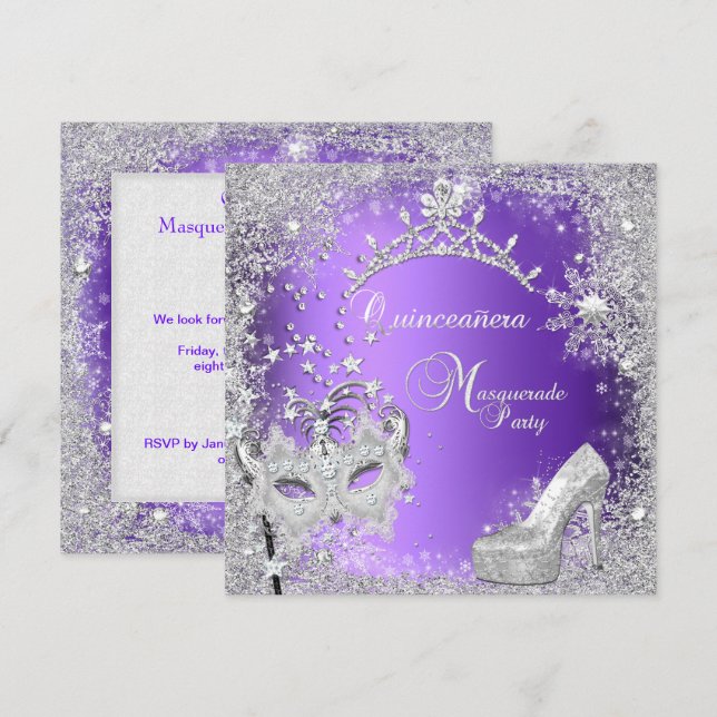 Masquerade Quinceanera 15. Lila Tiara Shoe Einladung (Vorne/Hinten)