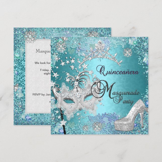 Masquerade Quinceanera 15. Party Blue Tiara Shoe Einladung (Vorne/Hinten)