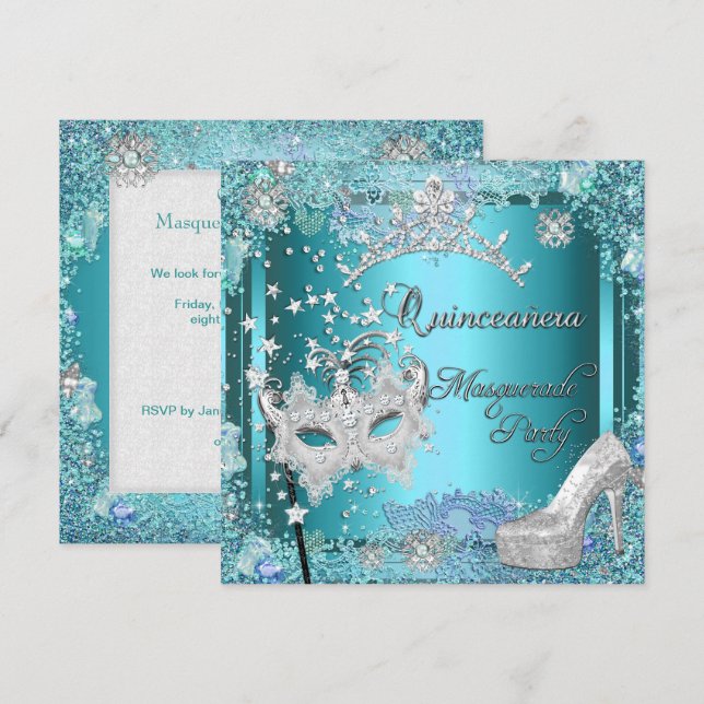 Masquerade Quinceanera 15. Party Blue Tiara Shoe Einladung (Vorne/Hinten)