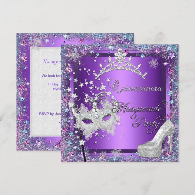 Masquerade Quinceanera 15. Party Lila Tiara Einladung (Vorne/Hinten)