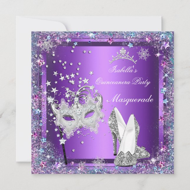 Masquerade Quinceanera 15. Party Lila Tiara Einladung (Vorderseite)