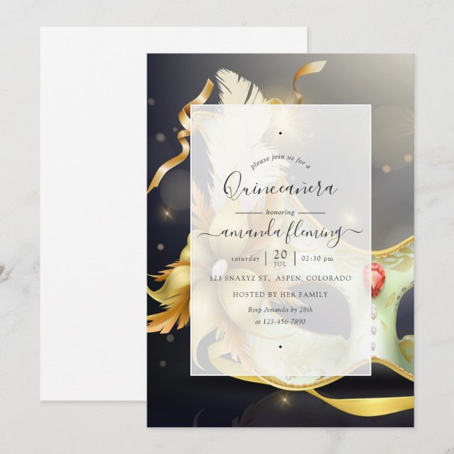 Masquerade Quinceañera Einladung (Vorne/Hinten)