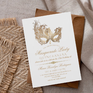 Masquerade Quinceanera Gold & Weiß Einladung
