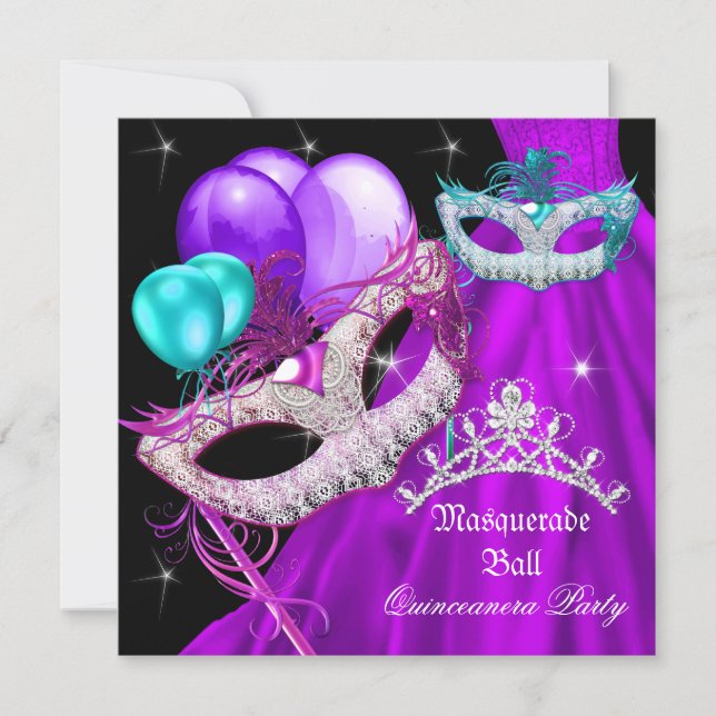 Masquerade Quinceanera Masken Lila Kleid Einladung (Vorderseite)