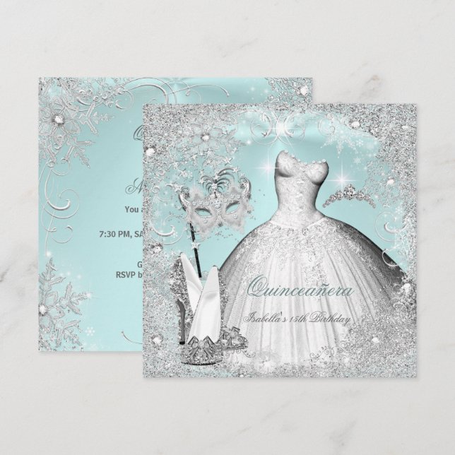 Masquerade Quinceanera Minze Blue Silver Schneeflo Einladung (Vorne/Hinten)
