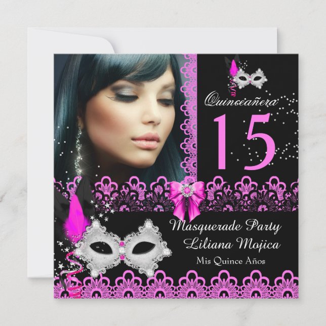 Masquerade Quinceanera Party Hot Pink Lace Einladung (Vorderseite)