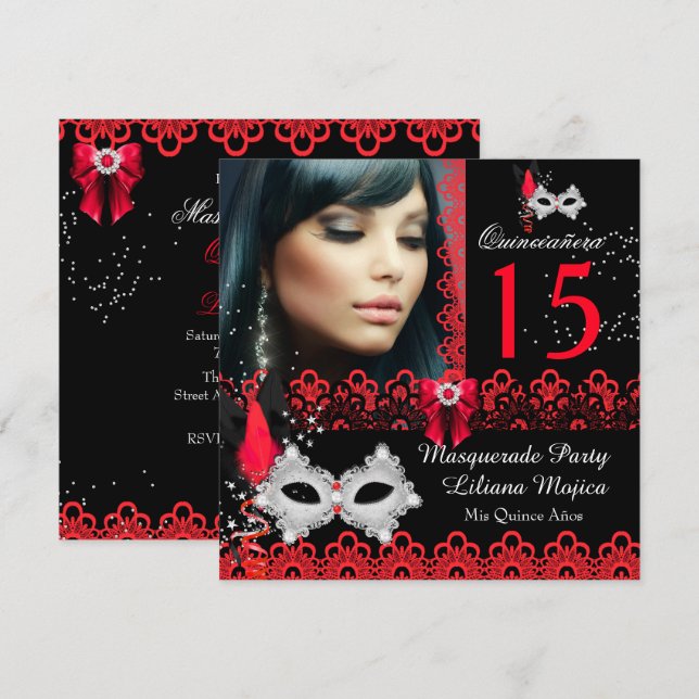 Masquerade Quinceanera Party Red Lace Einladung (Vorne/Hinten)