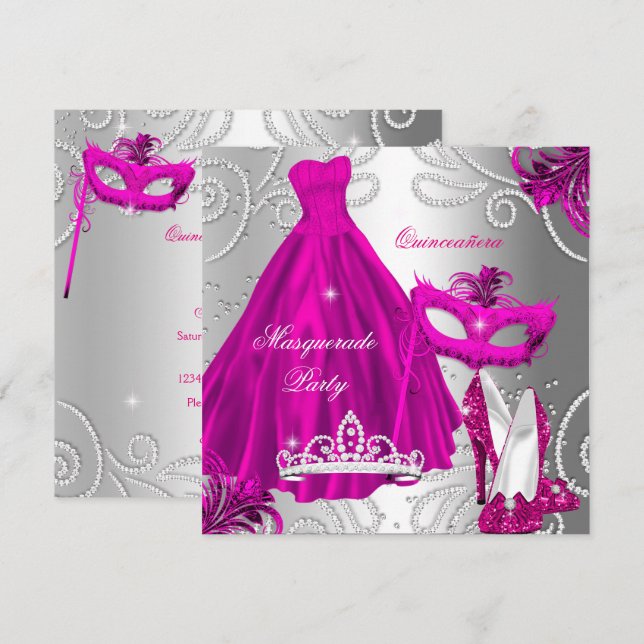 Masquerade Quinceanera Party Rosa Silberkleid Einladung (Vorne/Hinten)