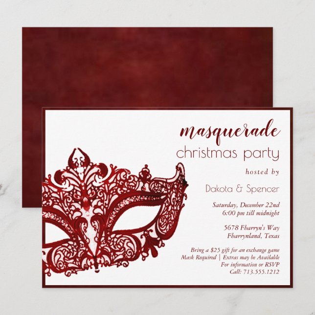 Masquerade Red Mask | Mardi Gras Weihnachts-Party Einladung (Vorne/Hinten)