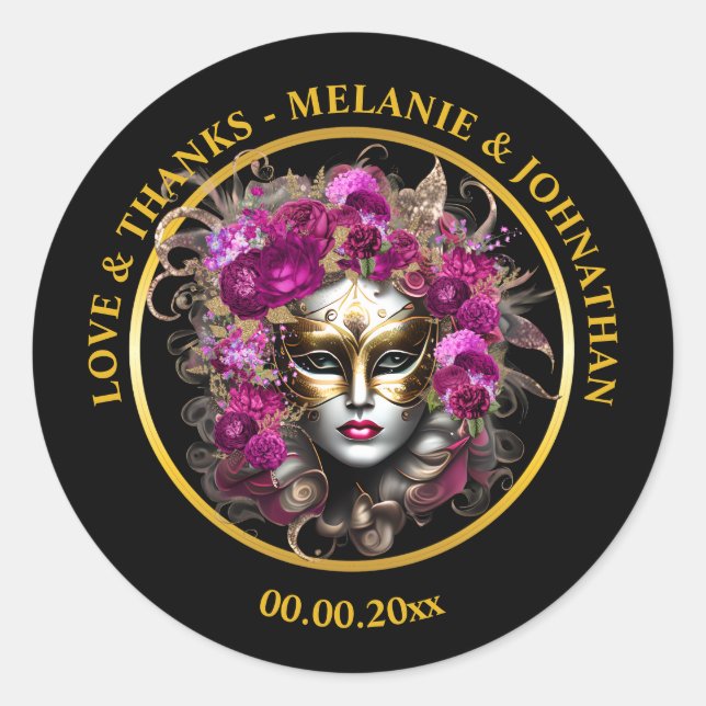Masquerade Rose Blume venezianische Maske Runder Aufkleber (Vorderseite)