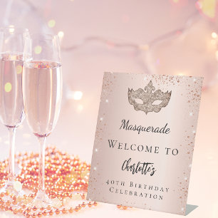 Masquerade Rose Gold Glitzer Maske Empfang Sockelschild